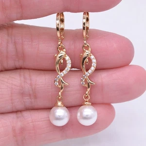 18K Yellow Gold Filled Women Long Fashion Dolphin Round Pearl Dangle Earrings - Picture 1 of 1