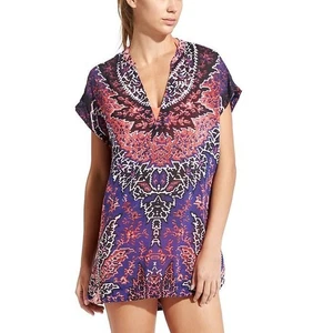 Vestido túnica Athleta Kaftan mezcla seda cubierta talla M estampado bohemio manga gorra - Imagen 1 de 9