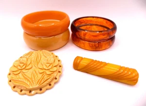 Vintage Bakelite Jewelry Lot Brooches Bangle Bracelets Carved Butterscotch 6 pc - Picture 1 of 13