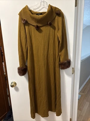 Elegante Vestido Vintage Mediano Lennie Nina Leonard Borde de Piel Capucha Cuello Fuera del Hombro Foto 1 de 4