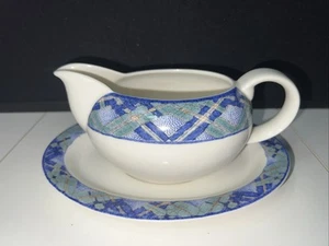 Vintage Royal Doulton Glen Ora Gravy Boat Underplate Blue & White Plaid England - Picture 1 of 4