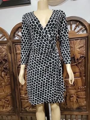 Calvin Klein Black-White Polka Dot Wrap Style Dress Sz M Stretch Long Sleeve #C - Image 1 of 4