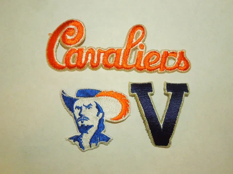 Lot of 3 Virginia Cavaliers Patches- 1 Purple V 1 Mascot & 1 "Cavaliers"- Lot #9 Cover
