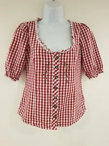 Vintage Shirt Red Gingham Blouse Top Size 12 Cotton Bavarian Oktoberfest Retro - Picture 1 of 13