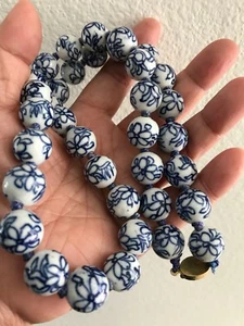 Vintage HandKnotted Blue/w Chinese Porcelain Bead Necklace With Wire Work Clasp - Picture 1 of 7
