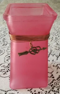 Pink Square Glass Vase, Copper Trim and Heart Charm, 6.75" x 3" - Picture 1 of 9
