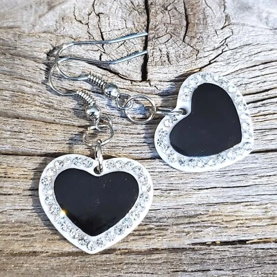 Vintage Y2K White Black Lucite Austrian Crystal Dangly Heart Earrings - Image 1 of 4