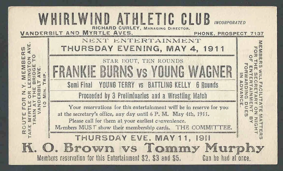 1911 Fighting Sports Boxing Card Announces Fights Of K O Brown Vs Tommy See Info - Image 1 of 1