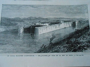 Gravure 1876 - Canal Amsterdam une écluse du coté de la mer du nord - Imagen 1 de 1