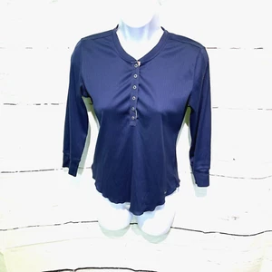 Tommy Hilfiger Women's Medium 3/4 Ribbed Textured Henley Blouse Navy Blue - Picture 1 of 16