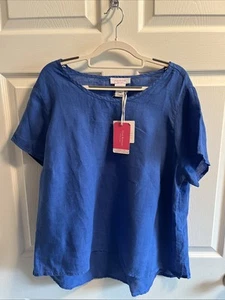 Isaac Mizrahi New York 1X Linen Top Boho Blouse Shirt Royal Blue New With Tags - Picture 1 of 3