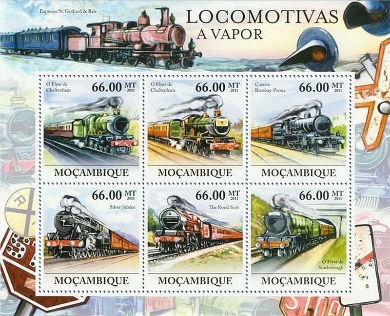Tren ferroviario STEAM TRAINS GWR/LMS/LNER/India MNH 6v hoja de sello 2011 Mozambique Foto 1 de 1
