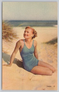 Linen Postcard Bathing Beauty Woman in Blue Swimsuit Pinup - Picture 1 of 2