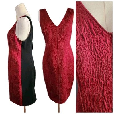 Tracy Reese Textured Rose Print Size 6 Two Tone Ruby Red/ Black Sheath Dress - Image 1 of 4