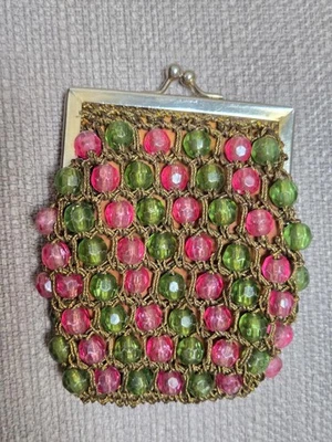 Vintage Metal Frame Kiss Lock Crochet Change Purse Pink And Green Beads ITALY - Image 1 of 4
