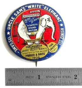 Vintage Metal Litho Parker & Davis '76 Uncle Sam's White Elephant Pinback (1979) - Picture 1 of 3