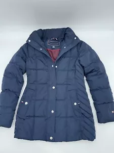 Women's Tommy Hilfiger Deep Blue Puffer Jacket Zip Pockets Maroon Lining XS Long - Picture 1 of 11