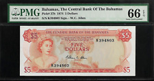 Bahamas 5 Dollars 1974 PMG 66 EPQ UNC Pick#37b Queen Elizabeth II Central Bank