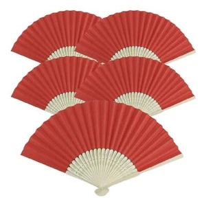 5pcs Red Paper Fans Lot of 5 Five Folding Hand Fan Pocket Purse Wedding Bamboo - Picture 1 of 4