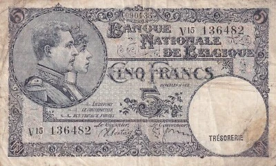 Belgium, 5 Francs, 1938, VF, p108a , Serial Number: V15 136482 - Image 1 of 2