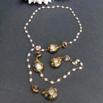 40" Cultured Rice Pearl Larimar Purple Murano Glass Long Rosary Chain Necklace - Image 1 of 4