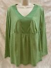 FADED GLORY Women’s V-Neck Top~Size 1X~L/S High Waist GREEN STRIPED Poly-Rayon