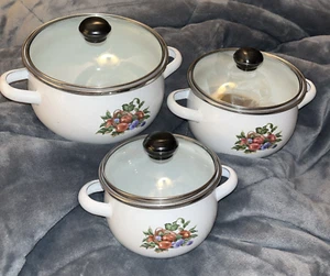 Vintage Enamelware Nesting Pots with Handles and Glass Lids Fruit Basket Motif - Picture 1 of 3