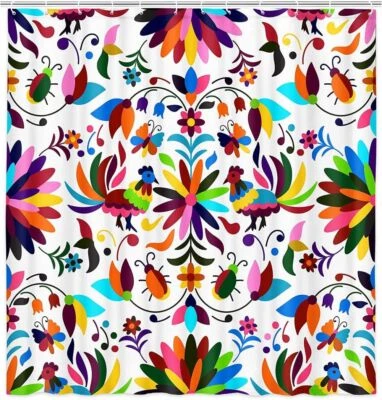 Mexico Floral Fabric Shower Curtain Waterproof Cock Bird Bathroom Decor w/ Hooks - image 1 of 4