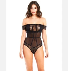 iCollection Off The Shoulder Lace Mesh Teddy Soft Cup Lingerie Size Medium - Picture 1 of 5
