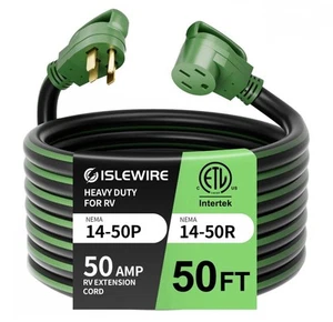 Cable de extensión RV/EV de 50 pies y 50 amperios con mango de agarre, 50 pies, negro y verde nuevo OB - Imagen 1 de 7