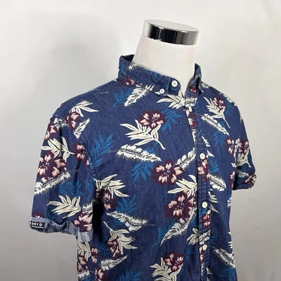 Superdry Large Hawaiian Aloha Shirt Floral Palms Blue Red White 100% Cotton - Image 1 of 4