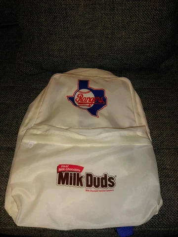Vintage TEXAS Rangers MLB Baseball BackPack Milk Duds Advertising White Cover
