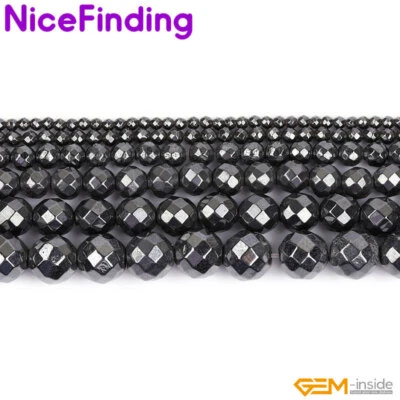 Cuentas redondas naturales plateadas negras facetadas para hacer joyas 15" hágalo usted mismo Foto 1 de 4