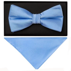 Einfache Stahlblau Satin Herren Fliege und Einstecktuch Set Hochzeit Dickie Bow - Bild 1 von 4