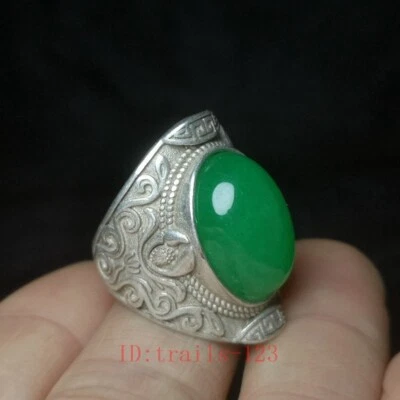 中国西藏银雕花镶嵌玉戒指装饰礼品收藏 — 第 1/4 张图片