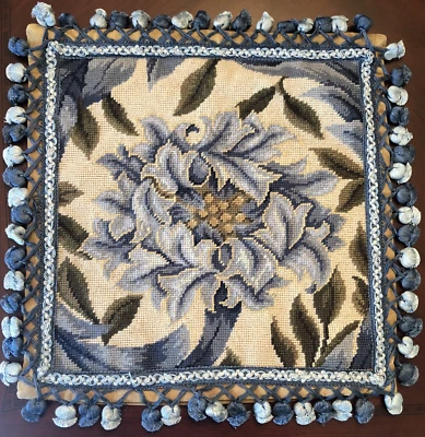 Aubusson Style Needlepoint Pillow Cover William Morris Blue Chrysanthemum Floral - Image 1 of 4