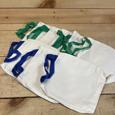 "Bolsas artesanales de lona beige en blanco con correas azules y verdes (lote de 8) 8,5"" x 8"" x 1,5""" Foto 1 de 4