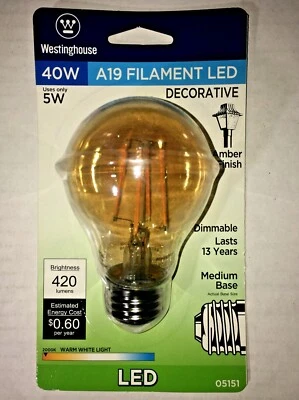 Westinghouse 0515100 Single 5 Watt Damp Rated Dimmable A19 Shaped - Amber - Image 1 of 2