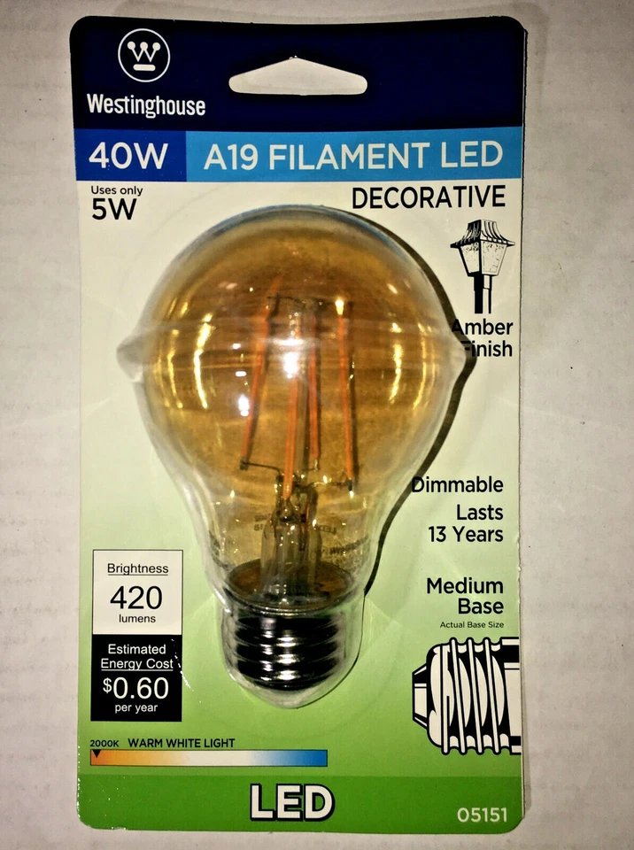 Westinghouse 0515100 Single 5 Watt Damp Rated Dimmable A19 Shaped - Amber - Image 1 of 2