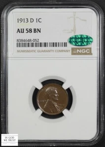 1913 D Lincoln Wheat Copper Cent 1C Choice Almost Uncirculated NGC AU 58 BN CAC - Picture 1 of 5