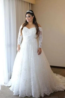 Vintage White Long Sleeves Wedding Dress Lace Beads Sequin Bridal Gown Plus Size - Image 1 of 4