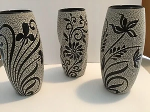 Porcelain Vases with Black Floral Relief Cut Out of White Crackle Finish - Picture 1 of 11