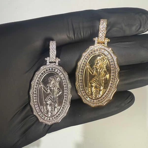 925 Sterling Silver St Christopher Medallion Pendant Baguette CZ 14K Gold Plated - Picture 1 of 6