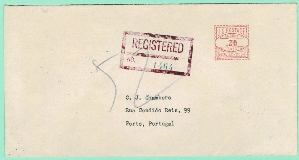 US 20c Meter [Fe 2] 1940 REGISTERED Cover  W. Springfield MA to PORTO PORTUGAL - Image 1 of 2