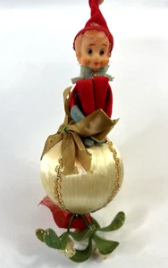 Vintage große Pixie Elfe Knie Umarmung auf Kugel Ornament Rarität Japan Weihnachten 9 Zoll - Bild 1 von 8