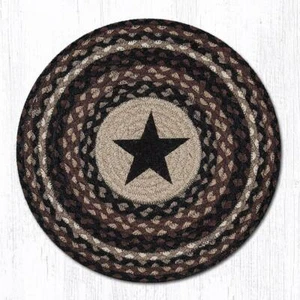 2 PC Braided Jute Round Stenciled Placemat/Trivet/Swatch. Earth Rugs. BLACK STAR - Picture 1 of 1