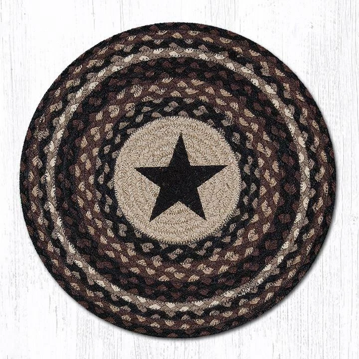 2 PC Braided Jute Round Stenciled Placemat/Trivet/Swatch. Earth Rugs. BLACK STAR - Image 1 of 1