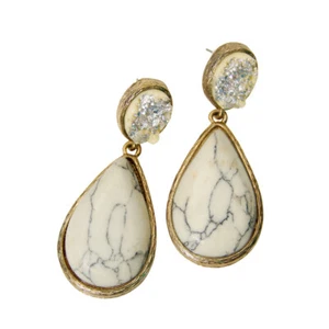 Rustic Faux White Howlite Teardrop Costume Post Earrings Imitation Gemstone Vtg - Picture 1 of 3