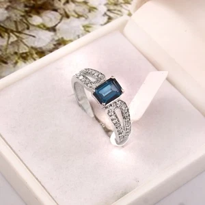 Emerald Cut London Blue Topaz Ring 925 Silver Split Band Diamond Wedding Ring - Picture 1 of 10
