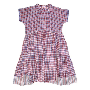 PERO Womens Red & Blue Checked Day Dress Woven Polyester Blend Short Sleeve Knee - Picture 1 of 6